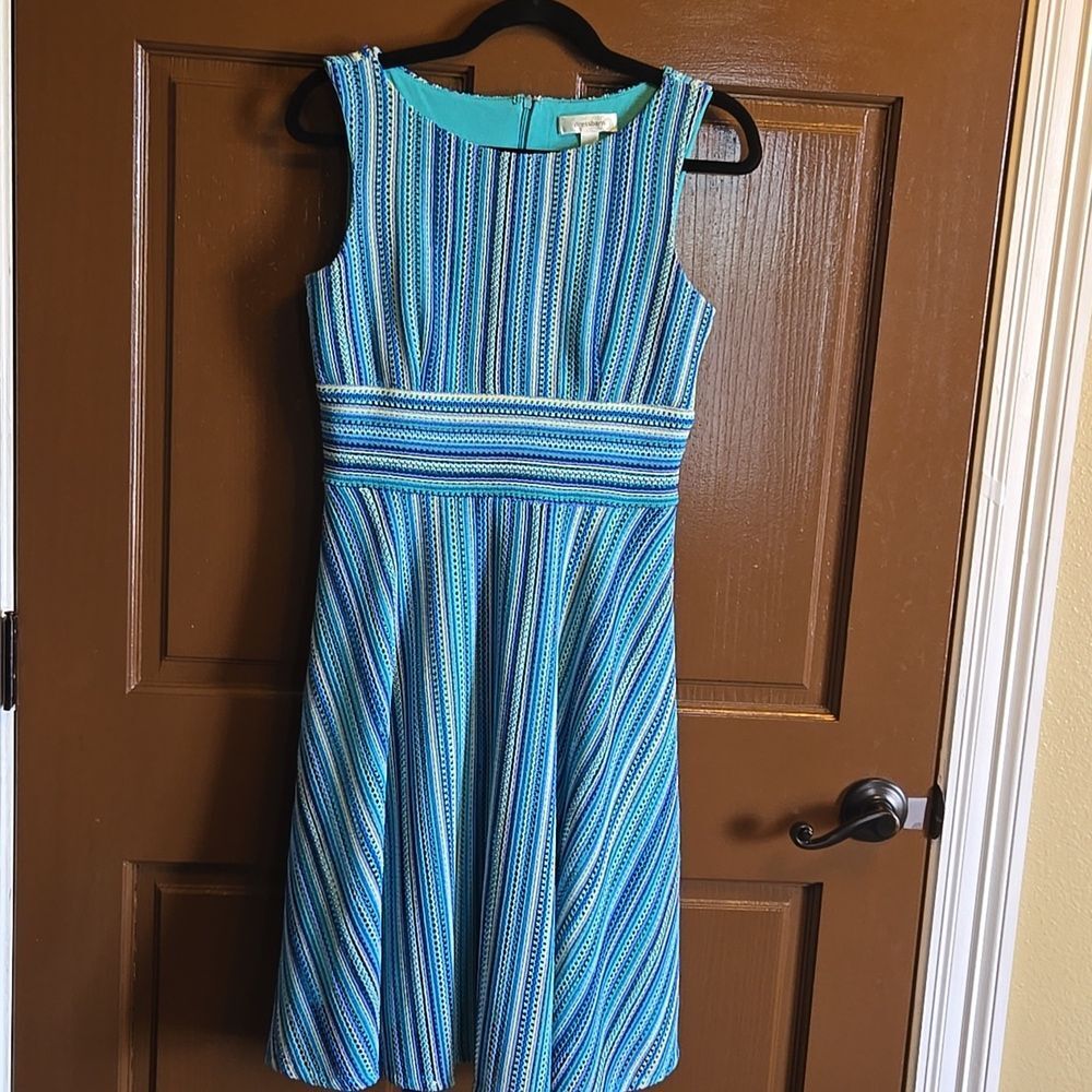 Dressbarn-Blue, yellow, aqua striped A line, fitted waist knit dress Sz 4